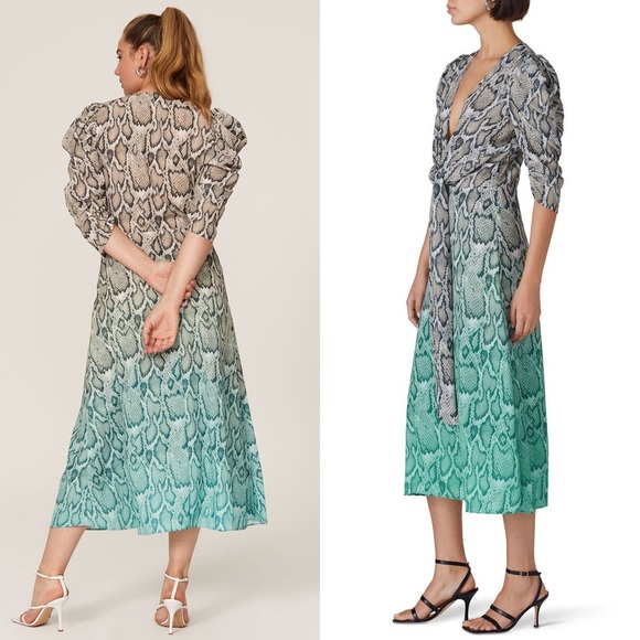 AFRM Teal Ombre Colorblock Snake Print Puff Sleeve Tie Plunge V-Neck Dress XS - Picture 2 of 7